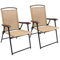 Devoko Patio Folding Chair Deck Sling Chair Camping Garden Pool Beach Using Chairs Space Saving Set Of 2 Beige