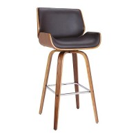 Armen Living Tyler Mid Century Modern Swivel Bar Stool For Kitchen Island Counter In Brown Faux Leather And Walnut Wood, 26