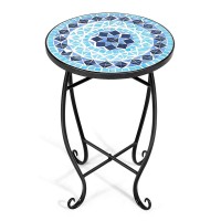 Giantex Outdoor Side Table, Mosaic Patio Table, 14Inch Accent Table Plant Stand, Ceramic Tile Top Metal Frame, Small End Table Porch Beach Patio Garden Balcony Poolside