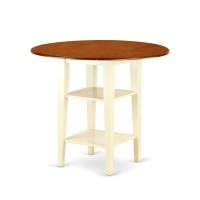 East West Furniture Sut-Bmk-H Counter Height Dining Round Dinner Table Top With Dropleaf & 2 Shelves, Medium