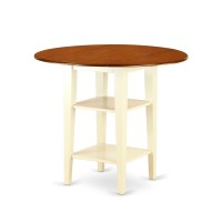 East West Furniture Sugr3H-Bmk-W 3 Piece Kitchen Counter Set For Small Spaces Contains A Round Dining Table With Dropleaf & Shelves And 2 Dining Room Chairs, 42X42 Inch, Buttermilk & Cherry
