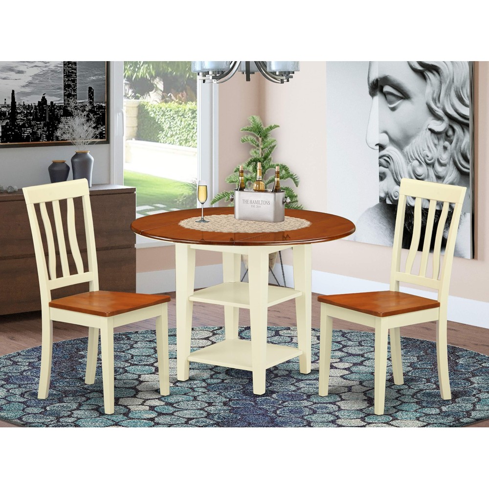 East West Furniture Suan3-Bmk-W 3 Piece Dining Room Table Set Contains A Round Dining Table With Dropleaf & Shelves And 2 Wood Seat Chairs, 42X42 Inch, Buttermilk & Cherry