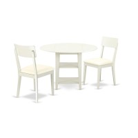 East West Furniture Suad3-Lwh-Lc 3 Piece Dining Set Contains A Round Dining Room Table With Dropleaf & Shelves And 2 Faux Leather Upholstered Chairs, 42X42 Inch, Linen White