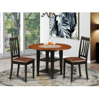 East West Furniture Suan3-Bch-Lc 3 Piece Dining Room Furniture Set Contains A Round Dining Table With Dropleaf & Shelves And 2 Faux Leather Upholstered Chairs, 42X42 Inch, Black & Cherry