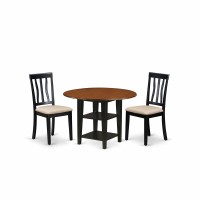 East West Furniture Suan3-Bch-C 3 Piece Dining Room Table Set Contains A Round Kitchen Table With Dropleaf & Shelves And 2 Linen Fabric Upholstered Chairs, 42X42 Inch, Black & Cherry