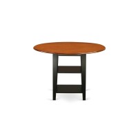 East West Furniture Suan3-Bch-C 3 Piece Dining Room Table Set Contains A Round Kitchen Table With Dropleaf & Shelves And 2 Linen Fabric Upholstered Chairs, 42X42 Inch, Black & Cherry