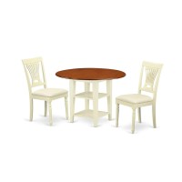 East West Furniture Supl3-Bmk-C 3 Piece Set Contains A Round Dining Room Table With Dropleaf & Shelves And 2 Linen Fabric Upholstered Chairs, 42X42 Inch, Buttermilk & Cherry