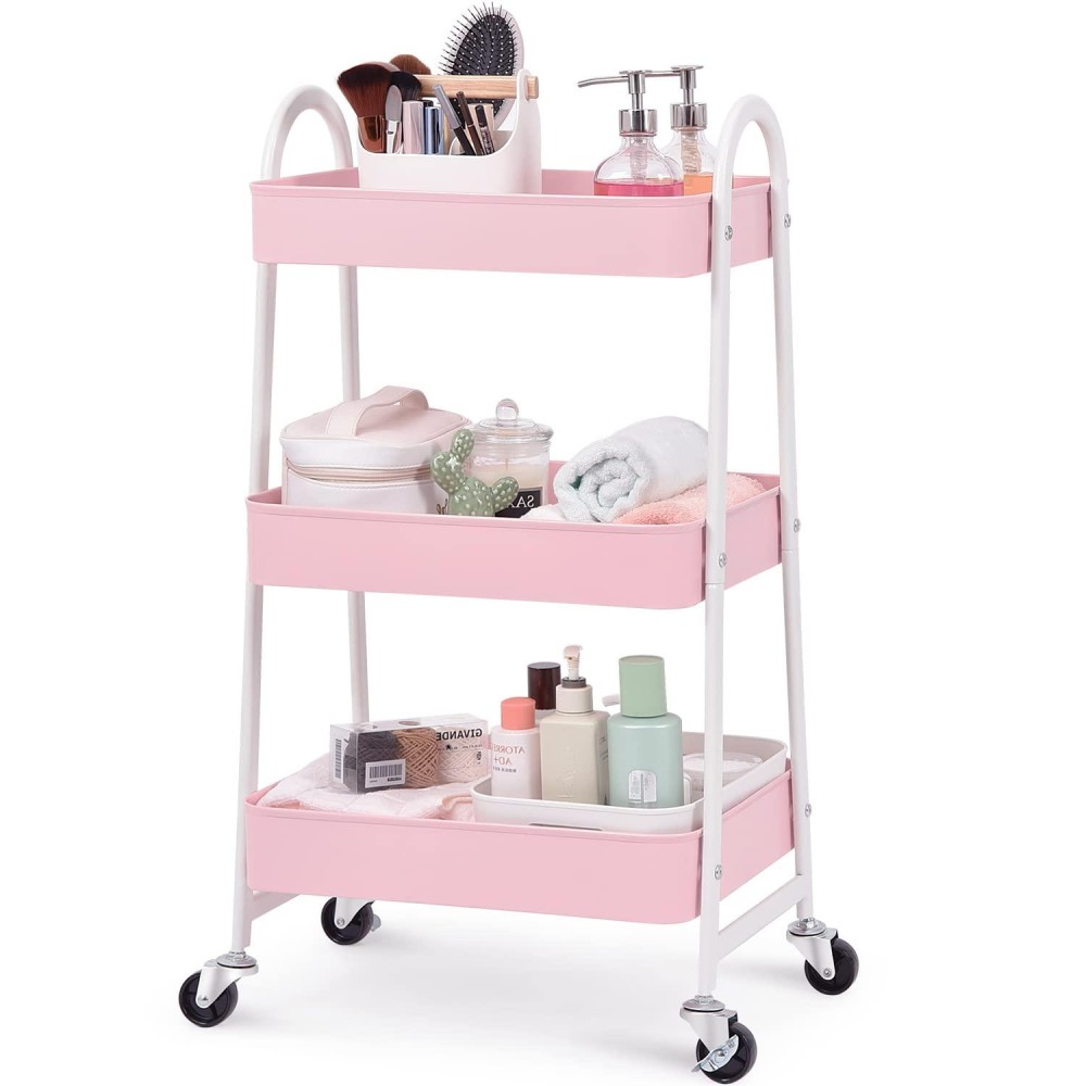 Kingrack 3 Tier Utility Rolling Cart With Lockable Wheels, Multi- Purpose Storage Organizer, Art Cart Serving Trolley With Handles For Bedroom, Office, Kids\' Room, Bathroom Apartments Dormitory(Pink)