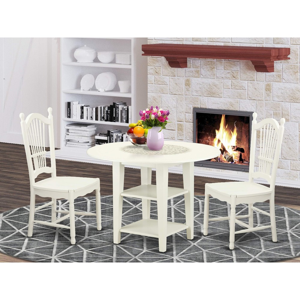 East West Furniture Sudo3-Lwh-W 3 Piece Dining Room Furniture Set Contains A Round Kitchen Table With Dropleaf & Shelves And 2 Dining Chairs, 42X42 Inch, Linen White