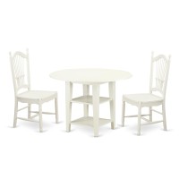 East West Furniture Sudo3-Lwh-W 3 Piece Dining Room Furniture Set Contains A Round Kitchen Table With Dropleaf & Shelves And 2 Dining Chairs, 42X42 Inch, Linen White