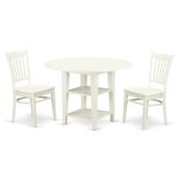 East West Furniture Sugr3-Lwh-W 3 Piece Dining Room Furniture Set Contains A Round Kitchen Table With Dropleaf & Shelves And 2 Dining Chairs, 42X42 Inch, Linen White