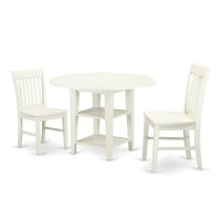 East West Furniture Suno3-Lwh-W 3 Piece Room Furniture Set Contains A Round Kitchen Table With Dropleaf & Shelves And 2 Dining Chairs, 42X42 Inch, Linen White