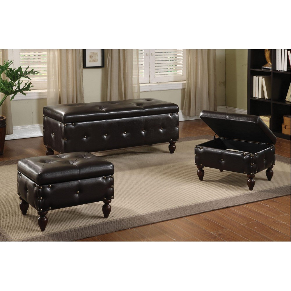 Homeroots Furniture 3 Piece Brown Pu Espresso Storage Bench & 2 Ottomans Multicolor