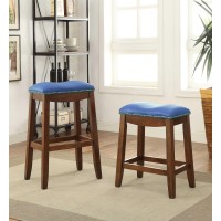 Homeroots Furniture Blue Pu And Oak Bar Stool (Set Of 2), Multicolor