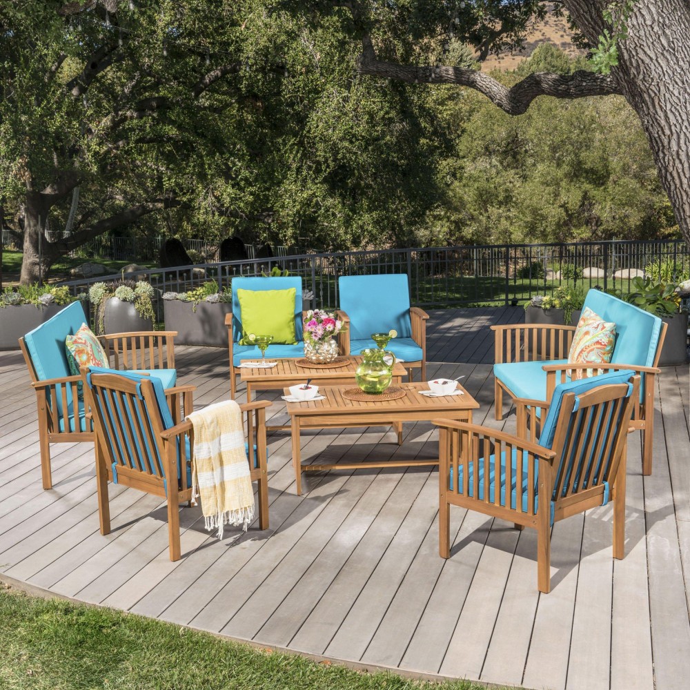 Christopher Knight Home Carolina Outdoor Acacia Wood Sofa Set With Water Resistant Cushions, 8-Pcs Set, Brown Patina / Teal