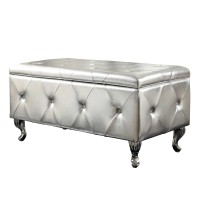 Homeroots Silver Tufted Hard Wood Storage Leather Ottoman Bench, Upholstered Fabrics Footrest With Foam Padded Seat, Modern Traditional Look Ottoman Bench Large Storage Bench For Bedroom, Living Room