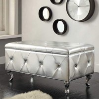Homeroots Silver Tufted Hard Wood Storage Leather Ottoman Bench, Upholstered Fabrics Footrest With Foam Padded Seat, Modern Traditional Look Ottoman Bench Large Storage Bench For Bedroom, Living Room