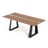 HomeRoots Veneer, Glass, Metal Modern Walnut & Glass Dining Table