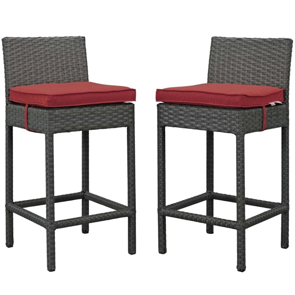 Modway Eei-2195-Chc-Red-Set Sojourn Wicker Rattan Outdoor Patio Sunbrella Two Bar Stools In Canvas Red