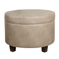 Homepop Home Decor | Upholstered Faux Leather Round Storage Ottoman | Ottoman with Storage for Living Room & Bedroom, Taupe Brown
