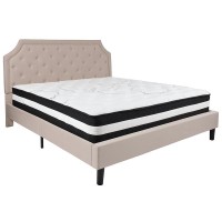 Brighton King Size Tufted Upholstered Platform Bed In Beige Fabric With Pocket Spring Mattress