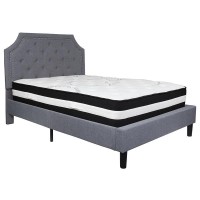 Brighton Full Size Tufted Upholstered Platform Bed In Light Gray Fabric With Pocket Spring Mattress