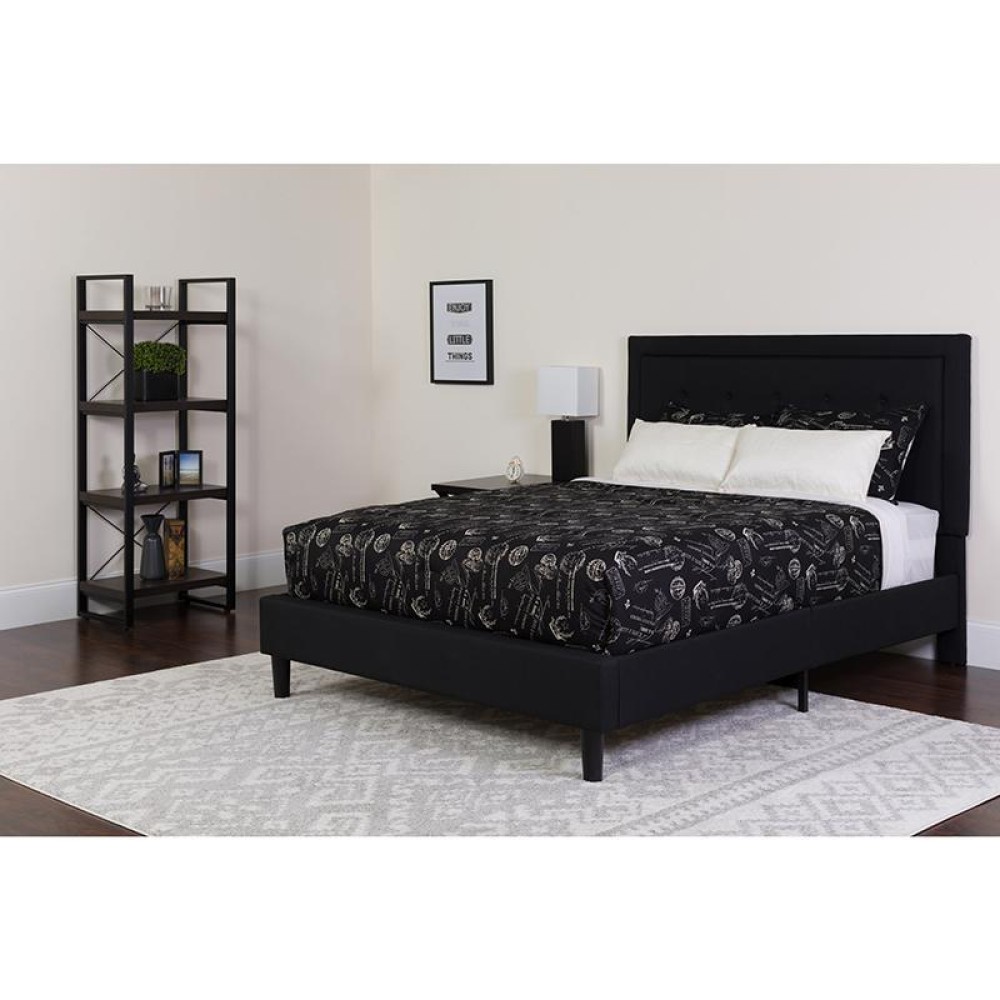 Roxbury Twin Size Tufted Upholstered Platform Bed In Black Fabric With Pocket Spring Mattress