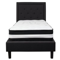 Roxbury Twin Size Tufted Upholstered Platform Bed In Black Fabric With Pocket Spring Mattress