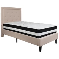 Roxbury Twin Size Tufted Upholstered Platform Bed In Beige Fabric With Pocket Spring Mattress