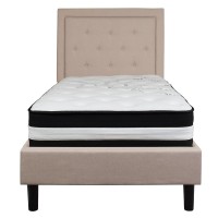 Roxbury Twin Size Tufted Upholstered Platform Bed In Beige Fabric With Pocket Spring Mattress