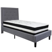 Roxbury Twin Size Tufted Upholstered Platform Bed In Light Gray Fabric With Pocket Spring Mattress