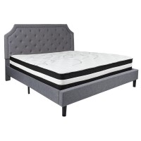 Brighton King Size Tufted Upholstered Platform Bed In Light Gray Fabric With Pocket Spring Mattress