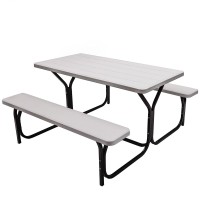 Giantex Picnic Table Bench Set Outdoor Camping All Weather Metal Base Wood-Like Texture Backyard Poolside Dining Party Garden Patio Lawn Deck Large Camping Picnic Tables For Adult (White)