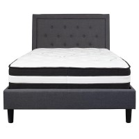 Roxbury Full Size Tufted Upholstered Platform Bed In Dark Gray Fabric With Pocket Spring Mattress