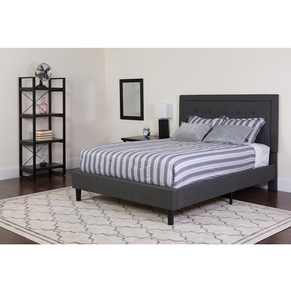 Roxbury King Size Tufted Upholstered Platform Bed In Dark Gray Fabric With Pocket Spring Mattress