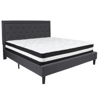 Roxbury King Size Tufted Upholstered Platform Bed In Dark Gray Fabric With Pocket Spring Mattress