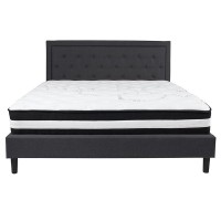 Roxbury King Size Tufted Upholstered Platform Bed In Dark Gray Fabric With Pocket Spring Mattress