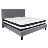 Roxbury King Size Tufted Upholstered Platform Bed In Light Gray Fabric With Pocket Spring Mattress