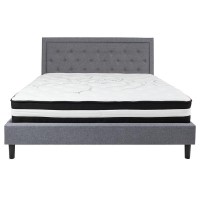 Roxbury King Size Tufted Upholstered Platform Bed In Light Gray Fabric With Pocket Spring Mattress