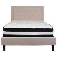 Roxbury Full Size Tufted Upholstered Platform Bed In Beige Fabric With Pocket Spring Mattress