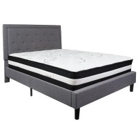 Roxbury Queen Size Tufted Upholstered Platform Bed In Light Gray Fabric With Pocket Spring Mattress