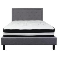 Roxbury Queen Size Tufted Upholstered Platform Bed In Light Gray Fabric With Pocket Spring Mattress