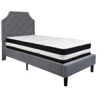 Brighton Twin Size Tufted Upholstered Platform Bed In Light Gray Fabric With Pocket Spring Mattress