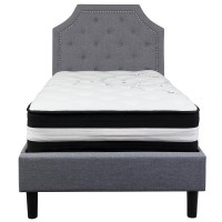 Brighton Twin Size Tufted Upholstered Platform Bed In Light Gray Fabric With Pocket Spring Mattress