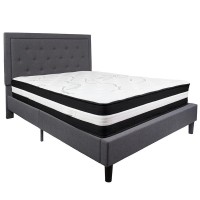 Roxbury Queen Size Tufted Upholstered Platform Bed In Dark Gray Fabric With Pocket Spring Mattress