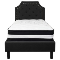 Brighton Twin Size Tufted Upholstered Platform Bed In Black Fabric With Pocket Spring Mattress