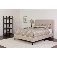 Roxbury Queen Size Tufted Upholstered Platform Bed In Beige Fabric With Pocket Spring Mattress