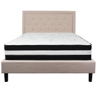 Roxbury Queen Size Tufted Upholstered Platform Bed In Beige Fabric With Pocket Spring Mattress