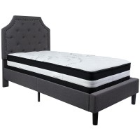 Brighton Twin Size Tufted Upholstered Platform Bed In Dark Gray Fabric With Pocket Spring Mattress