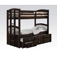 Homeroots Pine Wood Solid Metal 80 X 41 X 71 Twin Over Twin Espresso Bunk Bed And Trundle With 3 Drawer